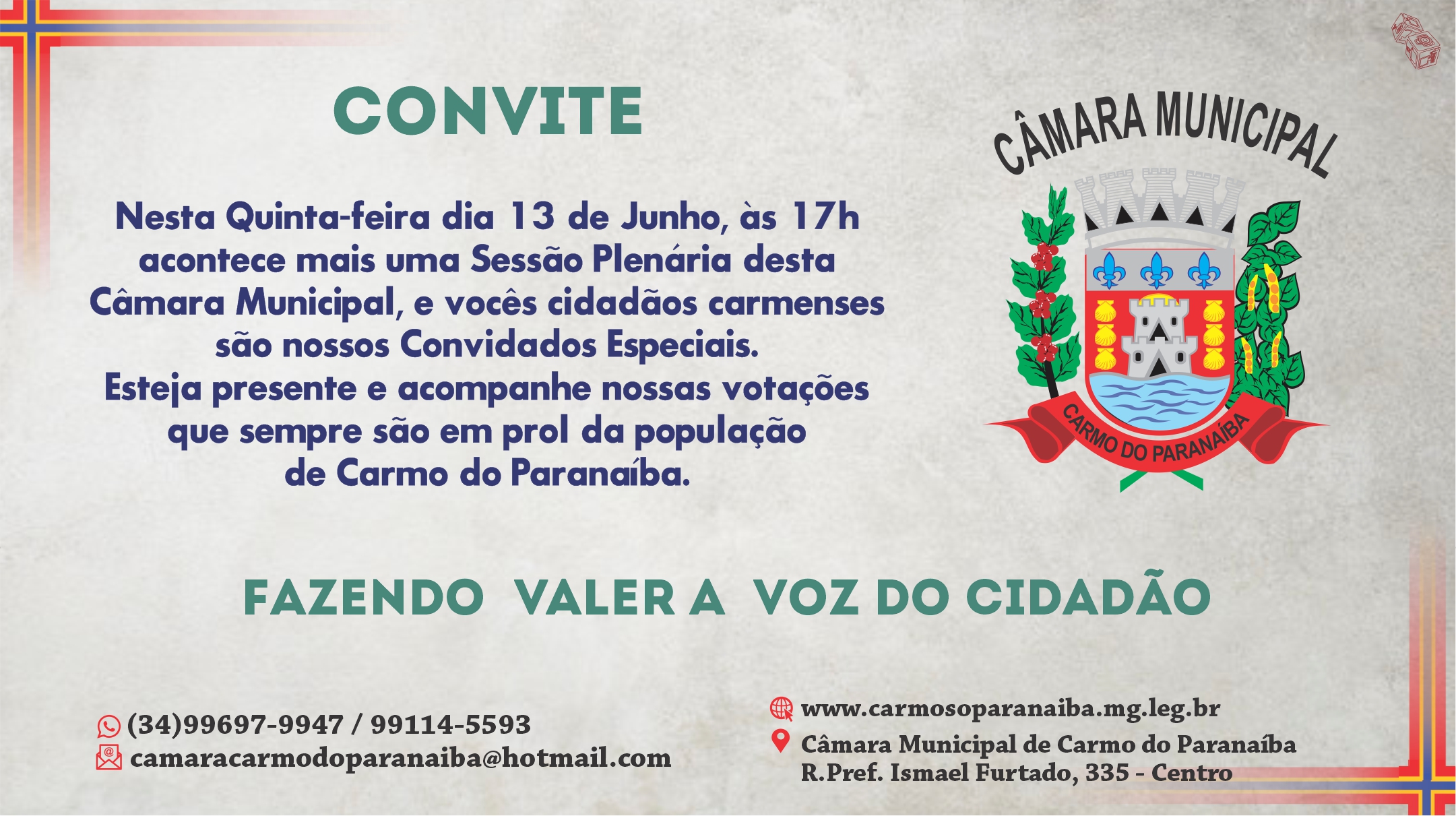 Nona Reunião Ordinária da Câmara Municipal acontecerá nesta quinta, 13 de Junho